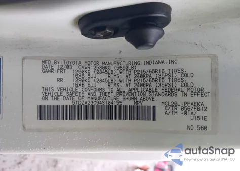 2004 Toyota Sienna Le z USA, uszkodzony, nr VIN 5TDZA23C94S104155